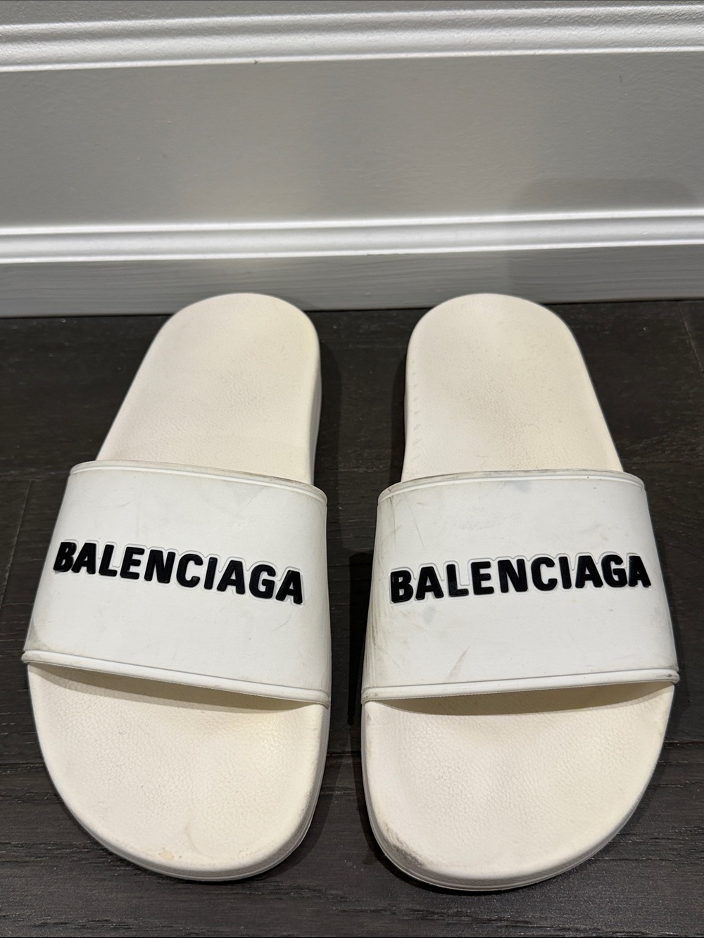 Balenciaga White Slide Sandals with Black Logo